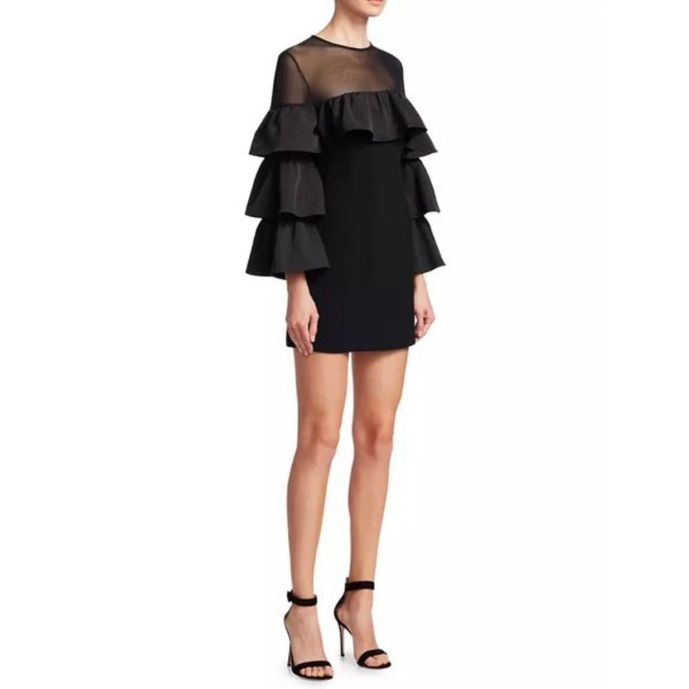 Cinq a Sept Valentina Black Sheer Mesh Yoke Tiered Ruffle Sleeve Mini Dress